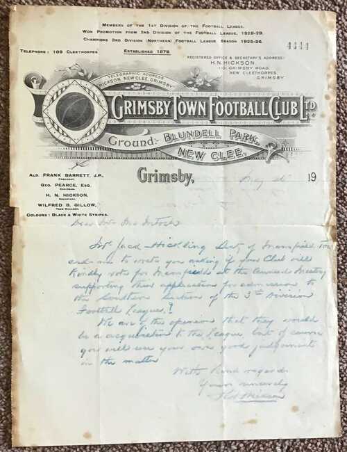 Letter from Grimsby Town to Everton, regarding Mansfield Town.