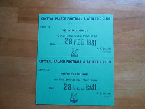 Crystal Palace FC - Visitors Lounge Tickets X2 - 28th Feb 1981 v Everton