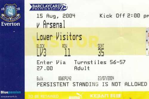 Ticket - Everton v Arsenal 15.08.04