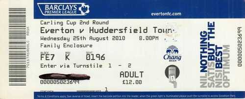 Ticket - Everton v Huddersfield Town 25.08.10 League Cup