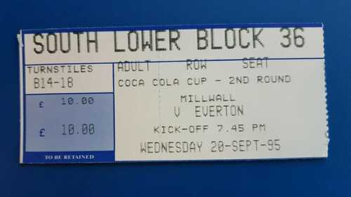 Millwall v Everton 20/09/1995 Coca Cola Cup 2nd Rd - Ticket