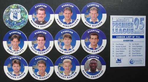 SUPER GIFT IDEA  Merlin Premier 95  EVERTON  FOOTBALL POGS and CHECKLIST