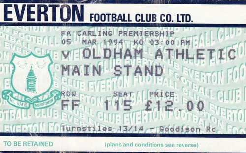 Ticket - Everton v Oldham Athletic 05.03.94