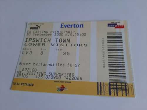 IPSWICH V EVERTON TICKET SEPTEMBER 2000