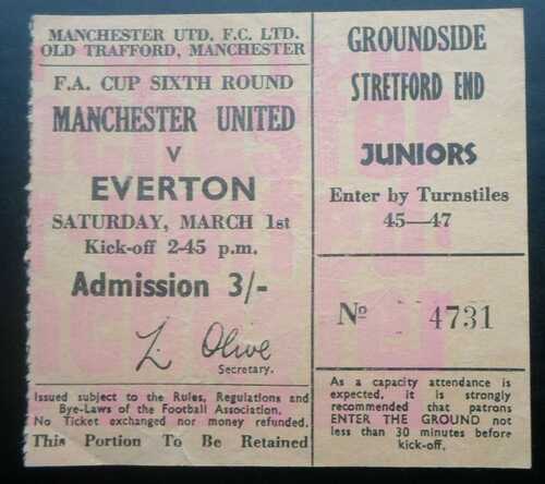 Manchester United v Everton   FA Cup 6th Round    1-3-1969          Ticket