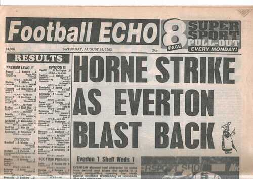 15th Aug 1992 Football Echo (Liverpool) newspaper, Premier League 1st weekend