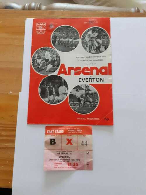 FOOTBALL TICKET STUB and PROGRAMME FOR ARSENAL V EVERTON 1972