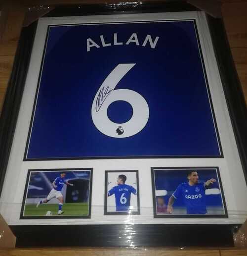 FRAMED HAND SIGNED ALLAN NAME and NUMBERED EVERTON HOME SHIRT