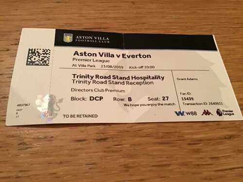 RARE ASTON VILLA V EVERTON 2019/20 EXECUTIVE LOUNGE MATCH TICKET