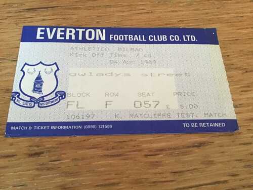 EVERTON v ATHLETICO BILBAO match ticket 1989/90 KEVIN RATCLIFFE TESTIMONIAL RARE