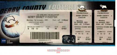 01/01/2001 DERBY COUNTY v EVERTON UNUSED MATCH TICKET