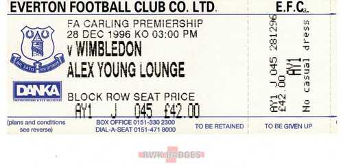 28/12/1996 EVERTON v WIMBLEDON UNUSED MATCH TICKET