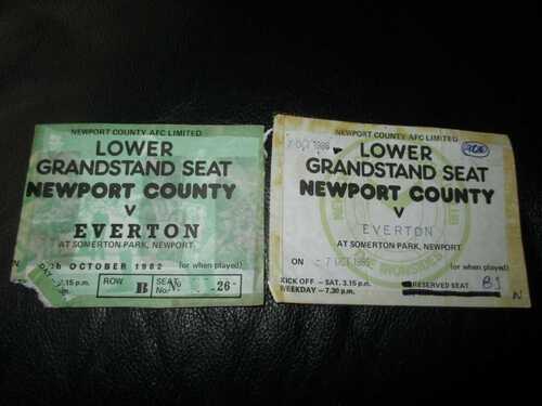 2 newport county v everton  ticket stubs 5/10/1982 + 7/10/1986