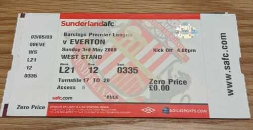 Sunderland v Everton 3/5/09 unused ticket