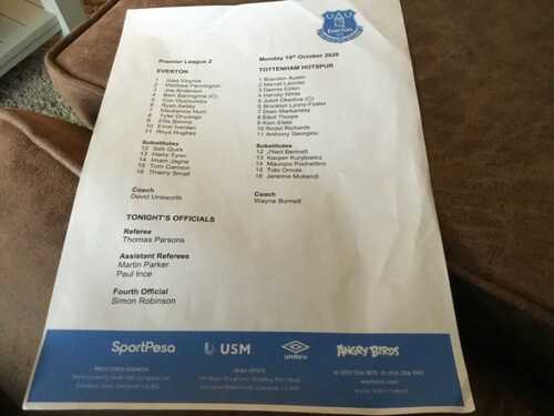 Everton v Tottenham Hotspur under 23 premier league 2 official team sheet 19/10/