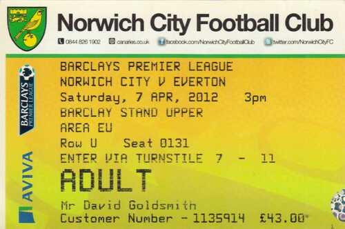 Ticket – Norwich City v Everton 07.04.12