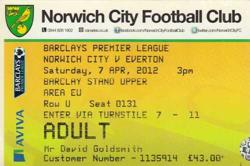 Ticket - Norwich City v Everton 07.04.12