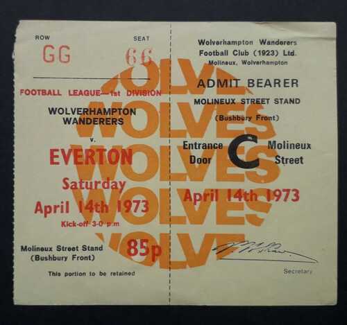 Wolverhampton Wanderers v Everton 1972 - 1973 football ticket (Division 1)