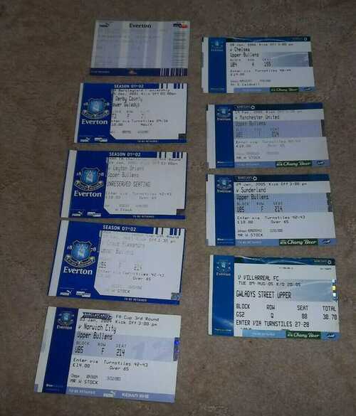 9 x Ticket Stubs 2001-2005 Everton Homes