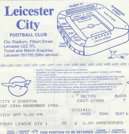 Ticket - Leicester City v Everton 15.11.86