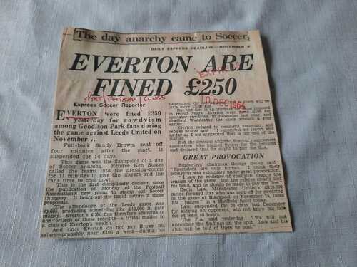 1964/65 EVERTON v LEEDS FINED 250 orig DAILY EXPRESS newspaper report 10th Dec