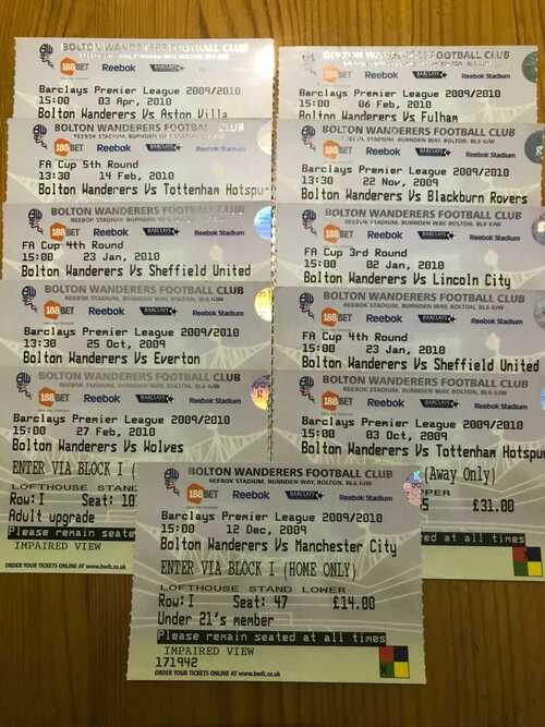 A selection of Bolton Wanderers Home Tickets 2009/10