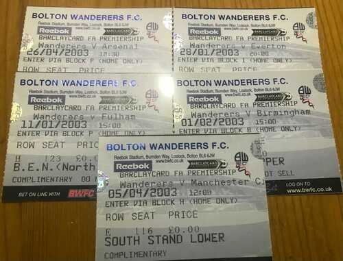 A selection of Bolton Wanderers Home Tickets 2002/03