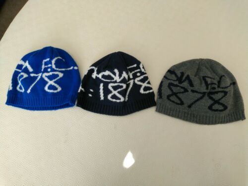 3 different unused Everton Beanie Hats, different colours, same design. Est 1878