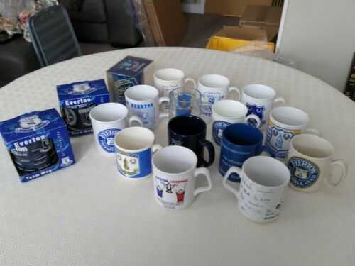 VINTAGE Collection of Everton mugs, 17 in total from last 40 years, most unused