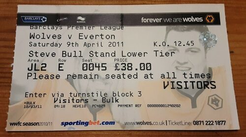 Wolverhampton Wanderers v Everton – Used Ticket Stub – 09/04/2011 – Premier Leag