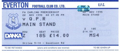 22/11/1995 EVERTON v QPR UNUSED MATCH TICKET