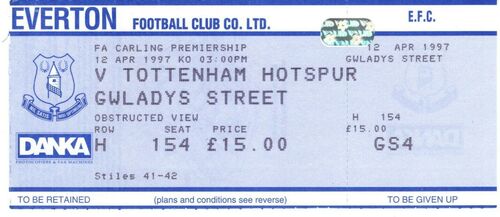 12/04/1997 EVERTON v TOTTENHAM HOTSPUR UNUSED MATCH TICKET