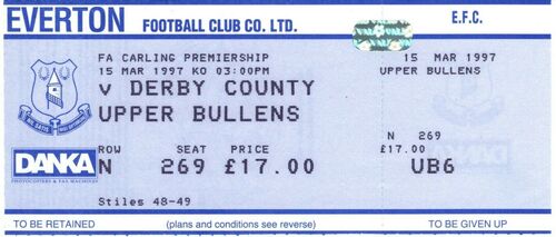 15/03/1997 EVERTON v DERBY COUNTY UNUSED MATCH TICKET