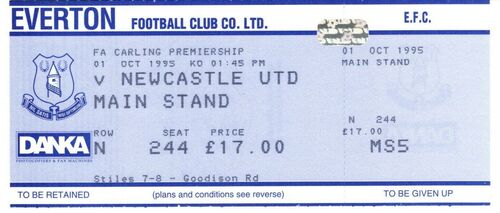 01/10/1995 EVERTON v NEWCASTLE UNITED UNUSED MATCH TICKET