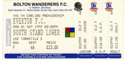 01/09/1997 BOLTON WANDERERS v EVERTON UNUSED TICKET