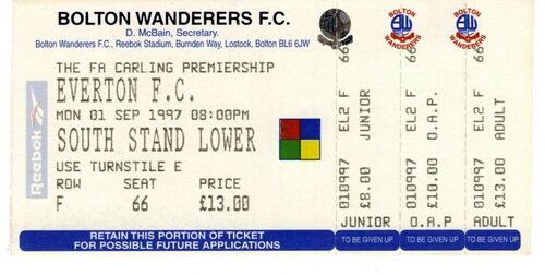 01/09/1997 BOLTON WANDERERS v EVERTON UNUSED TICKET