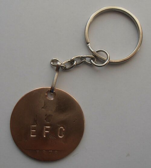 EVERTON FC KEYRING 1878 PENNY STAMPED WITH EFC. REAL PENNY. YEAR CLUB FOUNDED