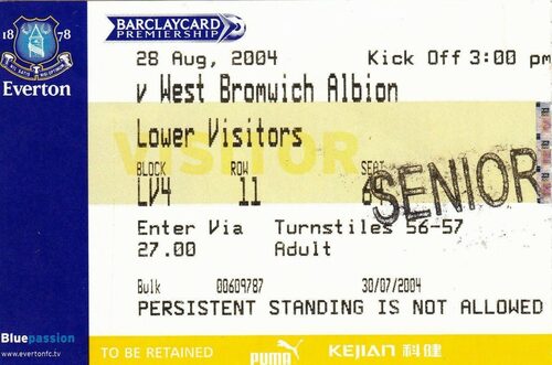 Ticket – Everton v West Bromwich Albion 28.08.04