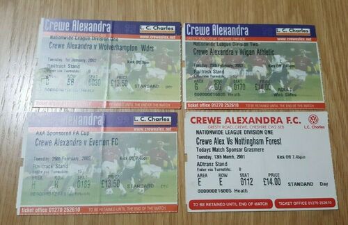 Crewe Alexandra 4 x Ticket Stubs 2001-2003 v Everton FA Cup Wolves Wigan Forest