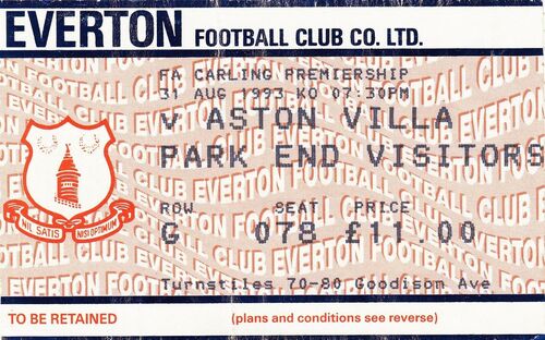 Ticket - Everton v Aston Villa 31.08.93