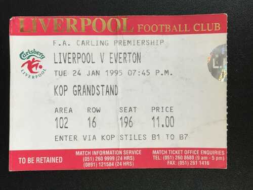 LIVERPOOL V EVERTON  -  1995  FA CARLING PREMIERSHIP -  MATCHDAY TICKET