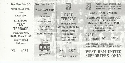 Ticket - West Ham United v Everton 11.03.91 FA Cup