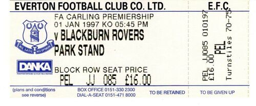 01/01/1997 EVERTON v BLACKBURN ROVERS UNUSED MATCH TICKET