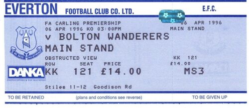 06/04/1996 EVERTON v BOLTON WANDERERS UNUSED MATCH TICKET