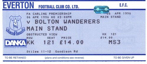 06/04/1996 EVERTON v BOLTON WANDERERS UNUSED MATCH TICKET