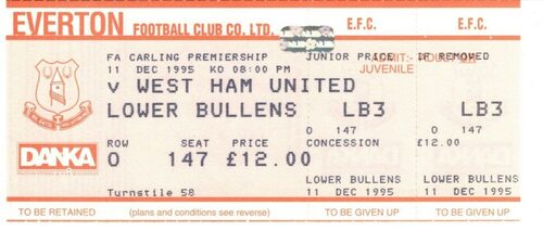 11/12/1995 EVERTON v WEST HAM UNITED UNUSED MATCH TICKET