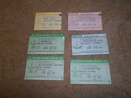 6 x Ticket Stubs 1995-98 Everton Homes