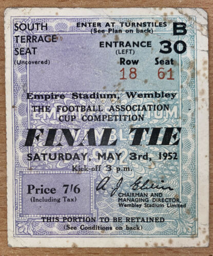 1952 ORIGINAL FA CUP FINAL TICKET ARSENAL V NEWCASTLE B30 18 61