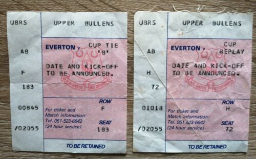 2 X Everton Ticket Stubs 1980’s versus CUP TIE ‘B’ and versus CUP REPLAY