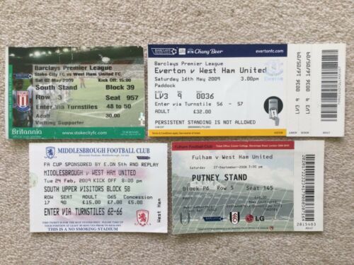 West Ham football ticket stubs. 4 Away Ticket Stubs From Season 2008-09.